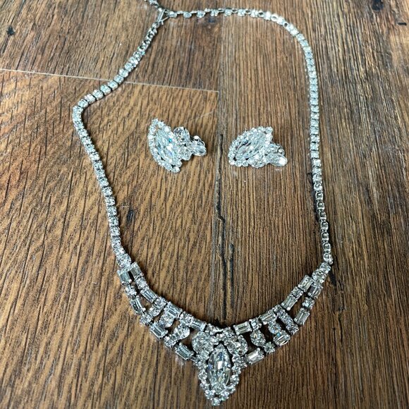 Vintage Signed Sherman Necklace Earring Set Clear Rhinestone Clip on Swarovski - Picture 2 of 11